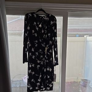 Floral Black and White Faux Wrap Dress